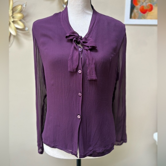 VINTAGE Silk Tie-Neck Button Down Blouse in Rich Purple - Picture 2 of 8